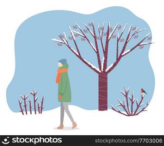 Lady stand in snowy forest alone. Woman walking through wood or lawn in warm clothes like hat, coat and scarf. Beautiful landscape with tree, shrubs and bird. Vector illustration in flat style. Woman Walking Through Forest, Cold Winter Weather