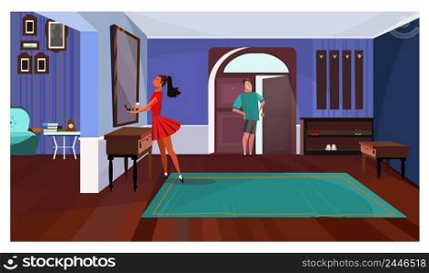 Lady standing in front of mirror in corridor vector illustration. Man waiting for girlfriend at open door. Couple concept