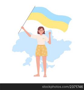 Lady stands with Ukraine 2D vector isolated illustration. Fighting for freedom flat character on cartoon background. Activist with ukrainian flag colourful scene for mobile, website, presentation. Lady stands with Ukraine 2D vector isolated illustration