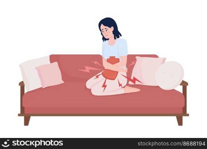 Lady suffering from menstrual pain semi flat color vector character. Editable figure. Full body person on white. Simple cartoon style illustration for web graphic design and animation. Lady suffering from menstrual pain semi flat color vector character