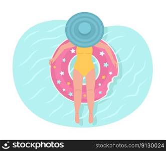Lady swimming on pool float 2D vector isolated spot illustration. Girl in swimsuit at tropical resort flat character on cartoon background. Colorful editable scene for mobile, website, magazine. Lady swimming on pool float 2D vector isolated spot illustration