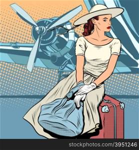 Lady traveler at the airport pop art retro style. Retro girl. Beautiful woman. Travel and tourism. Lady traveler at the airport