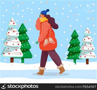 Lady walk in snowy forest alone. Woman dressed in warm clothes like hat and overcoat. Person carry footwear for skating. Beautiful landscape with decorated spruces. Vector illustration in flat style. Woman Walk in Forest, Winter Festive Fir Trees
