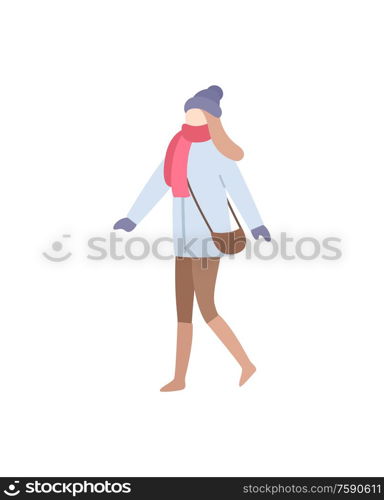 Lady walking wearing warm clothes carrying bag vector. Handbag on woman shoulder, wintertime clothing, glamorous person with hat and mittens gloves. Lady Walking Wearing Warm Clothes Carrying Bag