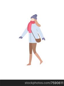 Lady walking wearing warm clothes carrying bag vector. Handbag on woman shoulder, wintertime clothing, glamorous person with hat and mittens gloves. Lady Walking Wearing Warm Clothes Carrying Bag