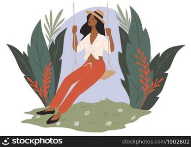 Lady wearing stylish clothes sitting on swings. Female character on vacation or weekends in tropical country or seaside. Enjoying rest in natural resort, girl relaxing and having fun. Vector in flat. Woman on swings surrounded by tropical flowers