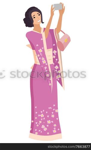 Lady wearing traditional clothes of Japan vector, isolated character flat style. Geisha in kimono with ornaments on fabric, Asian female with smartphone. Japanese Woman Wearing Kimono Geisha with Cell