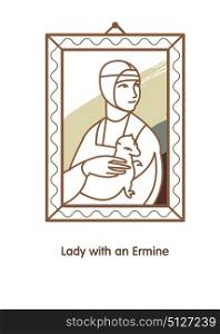 Lady with an ermine. Illustration painting artist Leonardo da Vinci. Vector linear illustration.