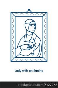 Lady with an ermine. Vector line icon. Illustration painting artist Leonardo da Vinci.