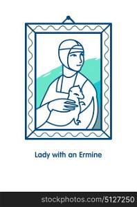 Lady with an ermine. Vector linear illustration. Painting by Leonardo da Vinci.
