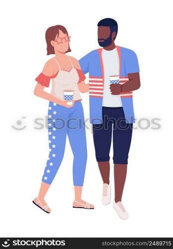 Lady with boyfriend celebrating July fourth semi flat color vector characters. Standing figures. Full body people on white. Event simple cartoon style illustration for web graphic design and animation. Lady with boyfriend celebrating July fourth semi flat color vector characters