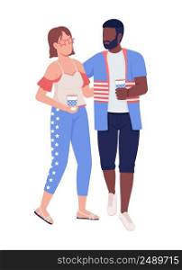 Lady with boyfriend celebrating July fourth semi flat color vector characters. Standing figures. Full body people on white. Event simple cartoon style illustration for web graphic design and animation. Lady with boyfriend celebrating July fourth semi flat color vector characters