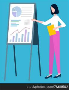 Lady with charts and stats on board vector, isolated woman worker in field of finance and analytics. Business secretary with info on whiteboard presenter. Woman Presenting Information on Board Explanation