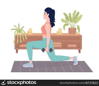 Lady with dumbbells doing lunges 2D vector isolated illustration. Sports activity and training flat character on cartoon background. Athlete colourful editable scene for mobile, website, presentation. Lady with dumbbells doing lunges 2D vector isolated illustration
