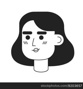 Lady with short fluffy wavy haircut monochromatic flat vector character head. Editable black white cartoon face emotion. Hand drawn lineart ink spot illustration for web graphic design, animation. Lady with short fluffy wavy haircut monochromatic flat vector character head