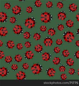 Ladybag Seamless Pattern on Green Background. Ladybird Texture. Ladybag Seamless Pattern on Green Background