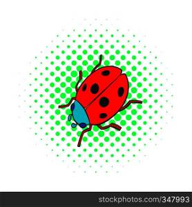 Ladybug icon in comics style on dotted background. Insects symbol. Ladybug icon, comics style