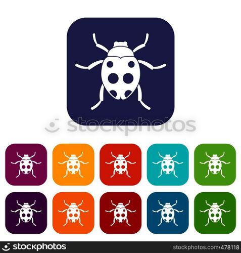 Ladybug icons set vector illustration in flat style in colors red, blue, green, and other. Ladybug icons set