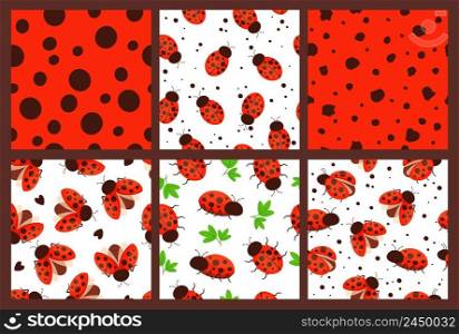 Ladybug patterns. Red dots texture, garden bugs and seamless ladybugs illustration vector set. Collection of pattern ladybug wallpaper, seamless background. Ladybug patterns. Red dots texture, garden bugs and seamless ladybugs illustration vector set