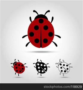 Ladybug vector icon cartoon style isolated on white background. Ladybug vector illustration. Ladybug isolated black and color icons vector silhouette. Ladybug, animal ,insect, vector flat style