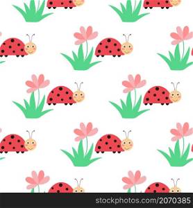 Ladybugs and flowers seamless baby pattern. Background with cute bug characters. Template with insects for wallpaper, children s clothing and product design. Ladybugs and flowers seamless baby pattern