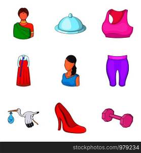 Ladylike icons set. Cartoon set of 9 ladylike vector icons for web isolated on white background. Ladylike icons set, cartoon style