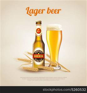 Lager Beer Background. Realistic background with bottle and cup of cold lager wheat beer vector illustration