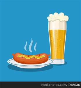 lager glass beer and plate with sausage. vector illustration in flat style. Glass mug of beer and plate with sausage