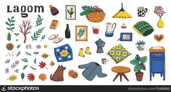 Lagom. Concept of Scandinavian lifestyle. Big set with lagom lettering and cozy home things like pillow, plants, furniture on white background. Colorful flat vector illustration. Lagom. Concept of Scandinavian lifestyle. Big set with lagom lettering and cozy home things like pillow, plants, furniture on white background. Colorful flat vector illustration.