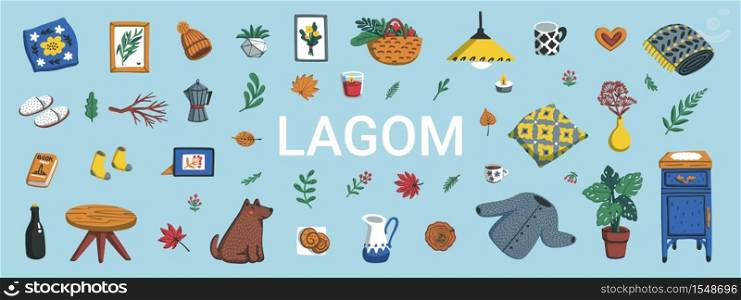 Lagom. Concept of Scandinavian lifestyle. IHorizontal banner with lagom lettering and cozy home things like pillow, plants, furniture on blue background. Colorful flat vector illustration. Lagom. Concept of Scandinavian lifestyle. IHorizontal banner with lagom lettering and cozy home things like pillow, plants, furniture on blue background. Colorful flat vector illustration.