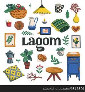 Lagom. Concept of Scandinavian lifestyle. Illustration with lagom lettering and cozy home things like pillow, plants, furniture. Colorful flat vector illustration. Lagom. Concept of Scandinavian lifestyle. Illustration with lagom lettering and cozy home things like pillow, plants, furniture. Colorful flat vector illustration.