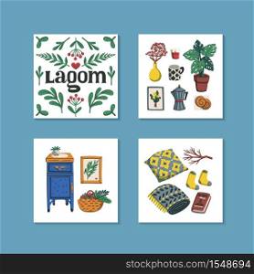 Lagom. Concept of Scandinavian lifestyle. Mini cards with lagom lettering and cozy home things like pillow, plants, furniture. Colorful flat vector illustration. Lagom. Concept of Scandinavian lifestyle. Mini cards with lagom lettering and cozy home things like pillow, plants, furniture. Colorful flat vector illustration.