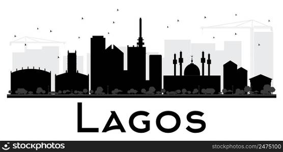 Lagos City skyline black and white silhouette. Vector illustration. Simple flat concept for tourism presentation, banner, placard or web site. Business travel concept. Cityscape with landmarks