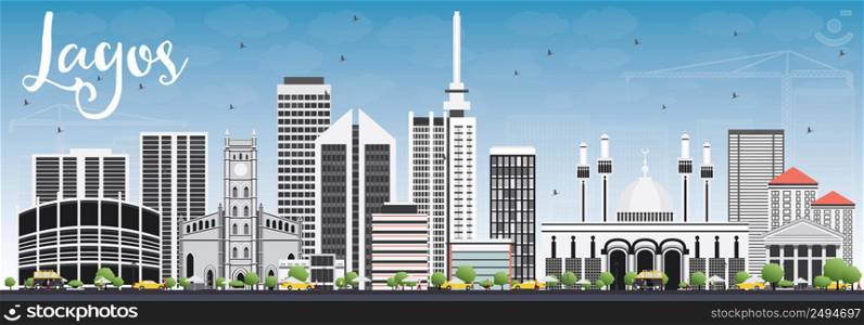 Lagos Skyline with Gray Buildings and Blue Sky. Vector Illustration. Business Travel and Tourism Concept with Modern Buildings. Image for Presentation Banner Placard and Web Site.