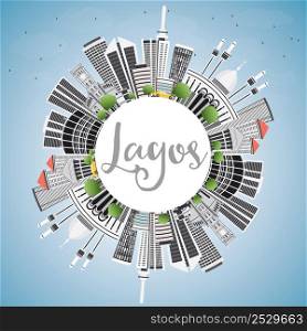 Lagos Skyline with Gray Buildings, Blue Sky and Copy Space. Vector Illustration. Business Travel and Tourism Concept with Modern Architecture. Image for Presentation Banner Placard and Web Site.