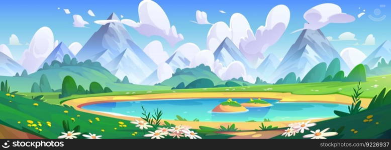 Lake and spring flower field mountain vector landscape. Cartoon nature scene with cloud, green grass and water. Cute picturesque outdoor alps environment with meadow and hill in park on sunny weather.. Lake and spring flower field mountain landscape