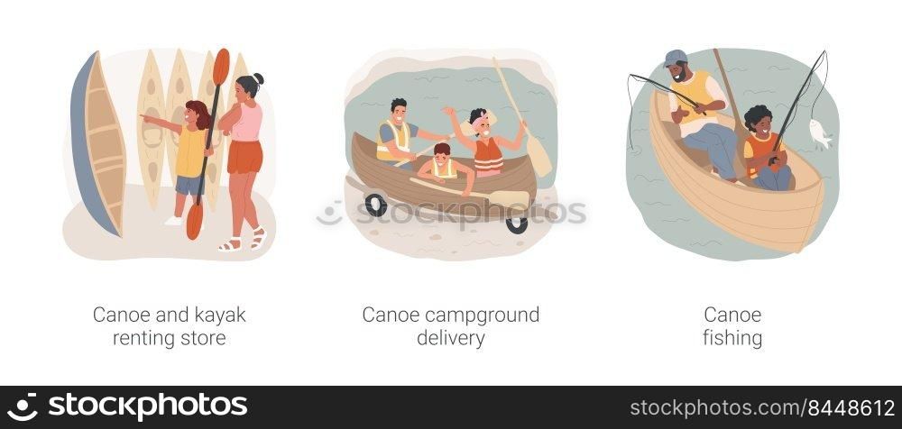 Lake canoeing isolated cartoon vector illustration set. Canoe renting store, kayak rental service, c&ground delivery, father and son sitting fishing, family summer vacation vector cartoon.. Lake canoeing isolated cartoon vector illustration set.