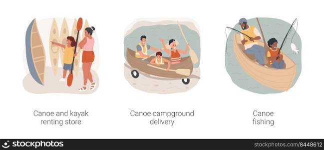 Lake canoeing isolated cartoon vector illustration set. Canoe renting store, kayak rental service, c&ground delivery, father and son sitting fishing, family summer vacation vector cartoon.. Lake canoeing isolated cartoon vector illustration set.