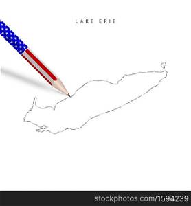 Lake Erie vector map pencil sketch. Lake Erie outline contour map with 3D pencil in american flag colors. Freehand drawing vector, hand drawn sketch isolated on white.. Lake Erie vector map pencil sketch. Lake Erie outline map with pencil in american flag colors