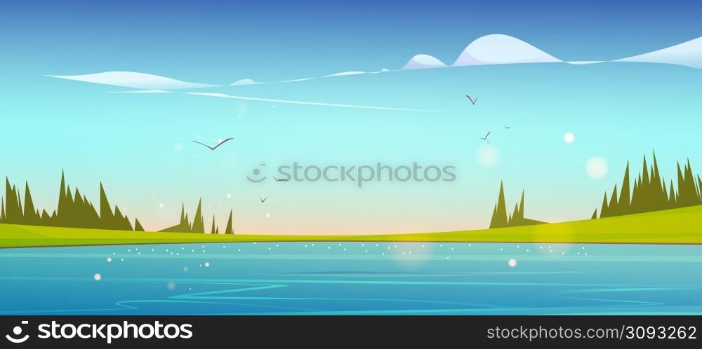 Lake, green grass and coniferous trees on coast in morning. Vector cartoon illustration of summer landscape with blue water, meadows, forest and flying birds. Lake, green grass and coniferous trees