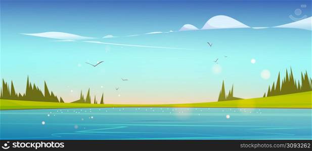 Lake, green grass and coniferous trees on coast in morning. Vector cartoon illustration of summer landscape with blue water, meadows, forest and flying birds. Lake, green grass and coniferous trees