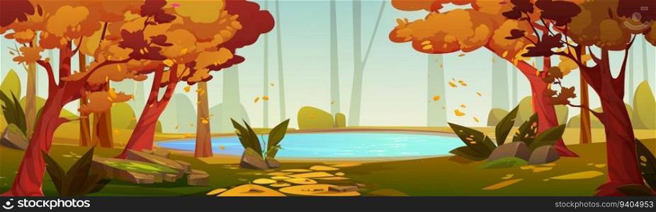 Lake in autumn forest park vector landscape design. Outdoor fall scenery nature image for cartoon game environment illustration. Beautiful wilderness woods with pond coast with falling leaves.. Lake in autumn forest park vector landscape design