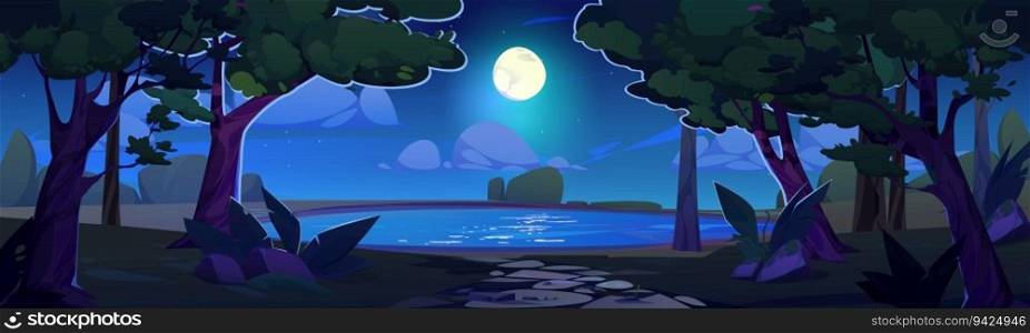 Lake in forest and night starry sky cartoon landscape background. Fantasy vector halloween scenery at midnight with full moon, water in pond and tree. Wonderful midnight valley with light reflection. Lake in forest and night sky cartoon background