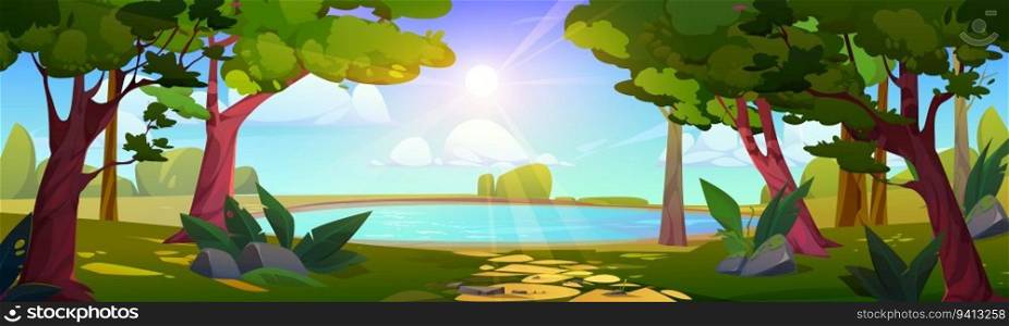 Lake in forest park vector landscape background. Summer nature scenery environment for adventure game cartoon illustration. Explore foliage wilderness scene with sun light ray graphic wallpaper. Lake in forest park vector landscape background