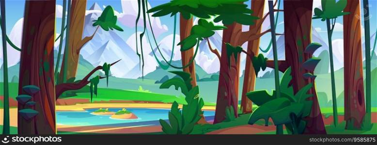 Lake in forest with high rocky mountains as background. View of hills and cloudy sky from inside jungle woods. Cartoon vector landscape with water pond surrounded by green trees and bushes on banks.. Lake in forest with high rocky mountains
