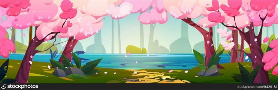 Lake in park with japanese cherry tree panorama illustration. Spring Japan cherry blossom garden with river nature cartoon landscape. Empty beautiful sunny fantasy fairytale forest with green grass. Lake in park with japanese cherry tree panorama