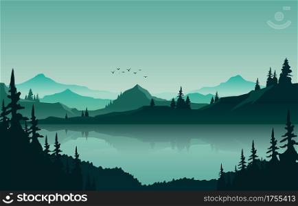 Lake Mountain Panorama Landscape in Green Monochrome Flat Illustration