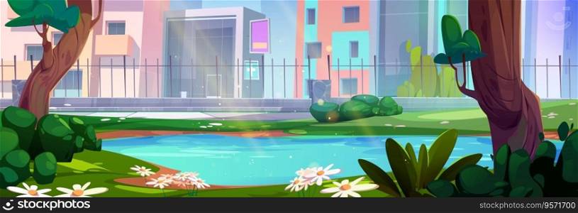 Lake near fence in city park vector background. Urban summer public garden with chamomile and pond water cartoon environment illustration. peaceful outdoor street to walk, relax and enjoy sunny day.. Lake near fence in city park vector background