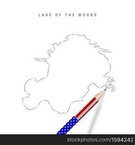 Lake of the Woods vector map pencil sketch. Lake of the Woods outline contour map with 3D pencil in american flag colors. Freehand drawing vector, hand drawn sketch isolated on white.. Lake of the Woods vector map pencil sketch. Lake of the Woods outline map with pencil in american flag colors