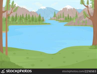 Lake surrounded by snow capped mountains flat color vector illustration. Waterfront vacation. Romantic getaway along water 2D simple cartoon landscape with green spruces on background. Lake surrounded by snow capped mountains flat color vector illustration